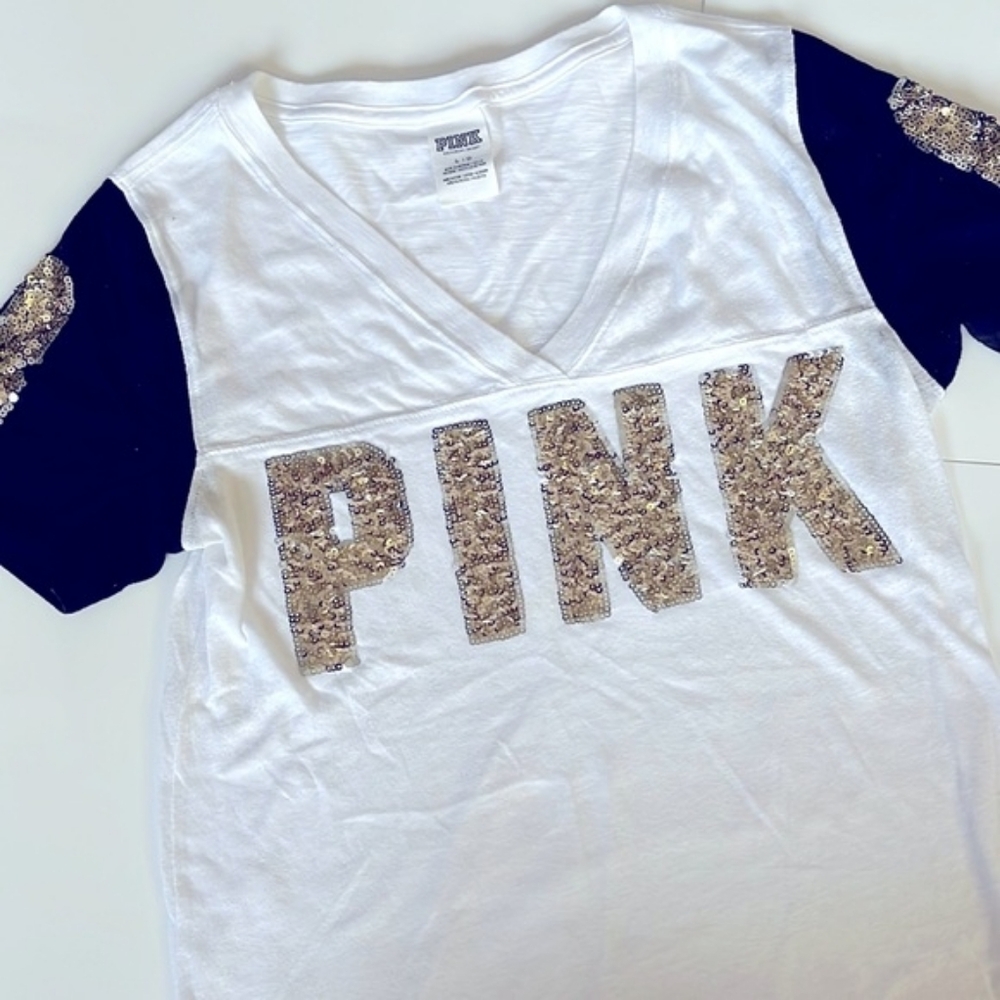 PINK Victoria's Secret Gold Sequin White and Black T-Shirt Lg